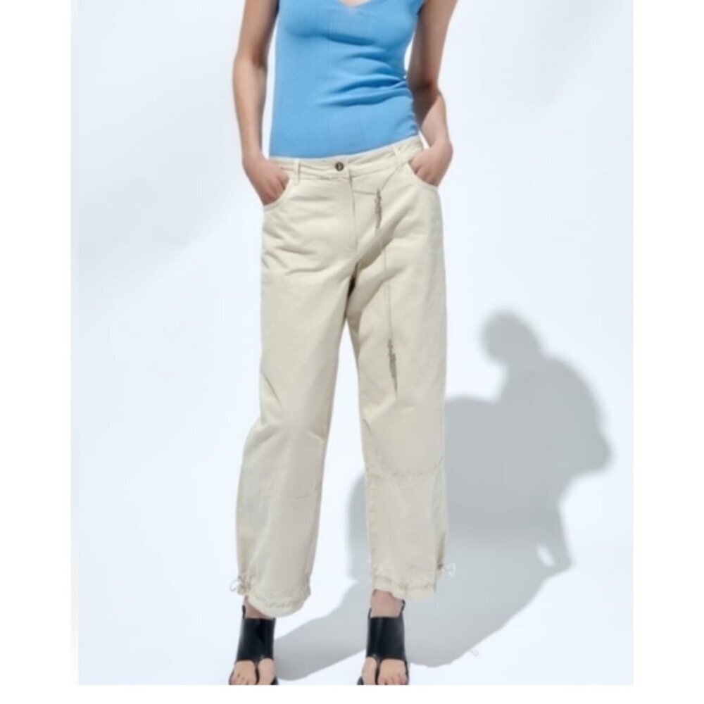 Zara Parachute Pants Light tan baggy cropped barrel sz 0
